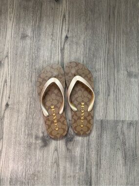 Coach Brown Signature Flip Flops with Gold Logo